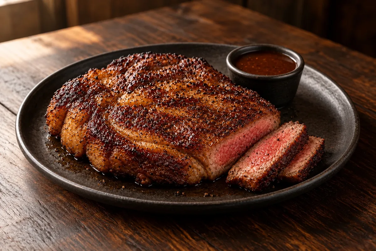 Marbled ribeye with a deep seared crust, sliced