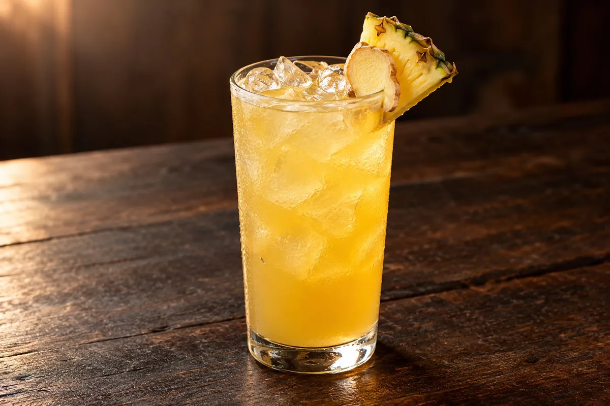 Golden smoked pineapple ginger punch with a pineapple wedge