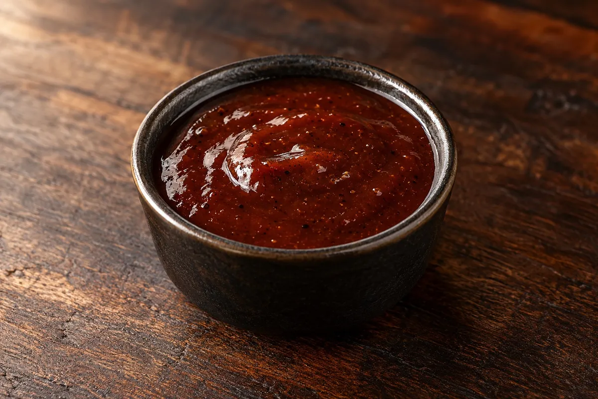 The House barbecue sauce in a small dark ramekin