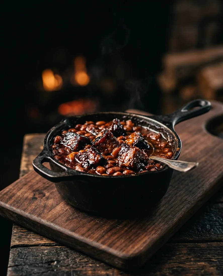 Burnt-end pit beans in a cast-iron crock