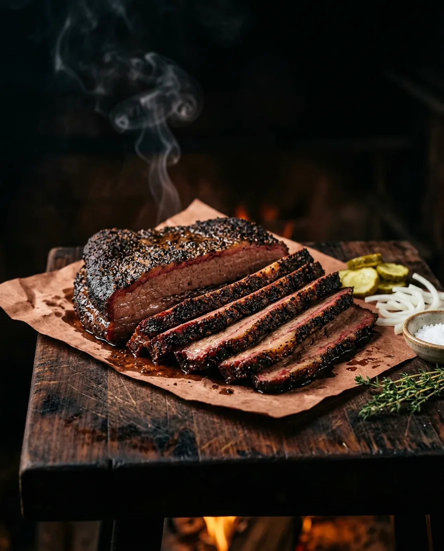 Sliced Texas brisket with a black pepper bark on a walnut board
