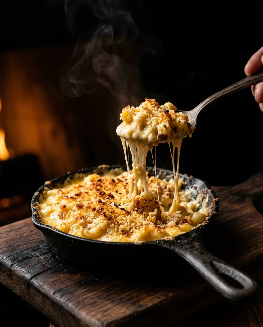 Smoked gouda mac and cheese in a cast-iron skillet