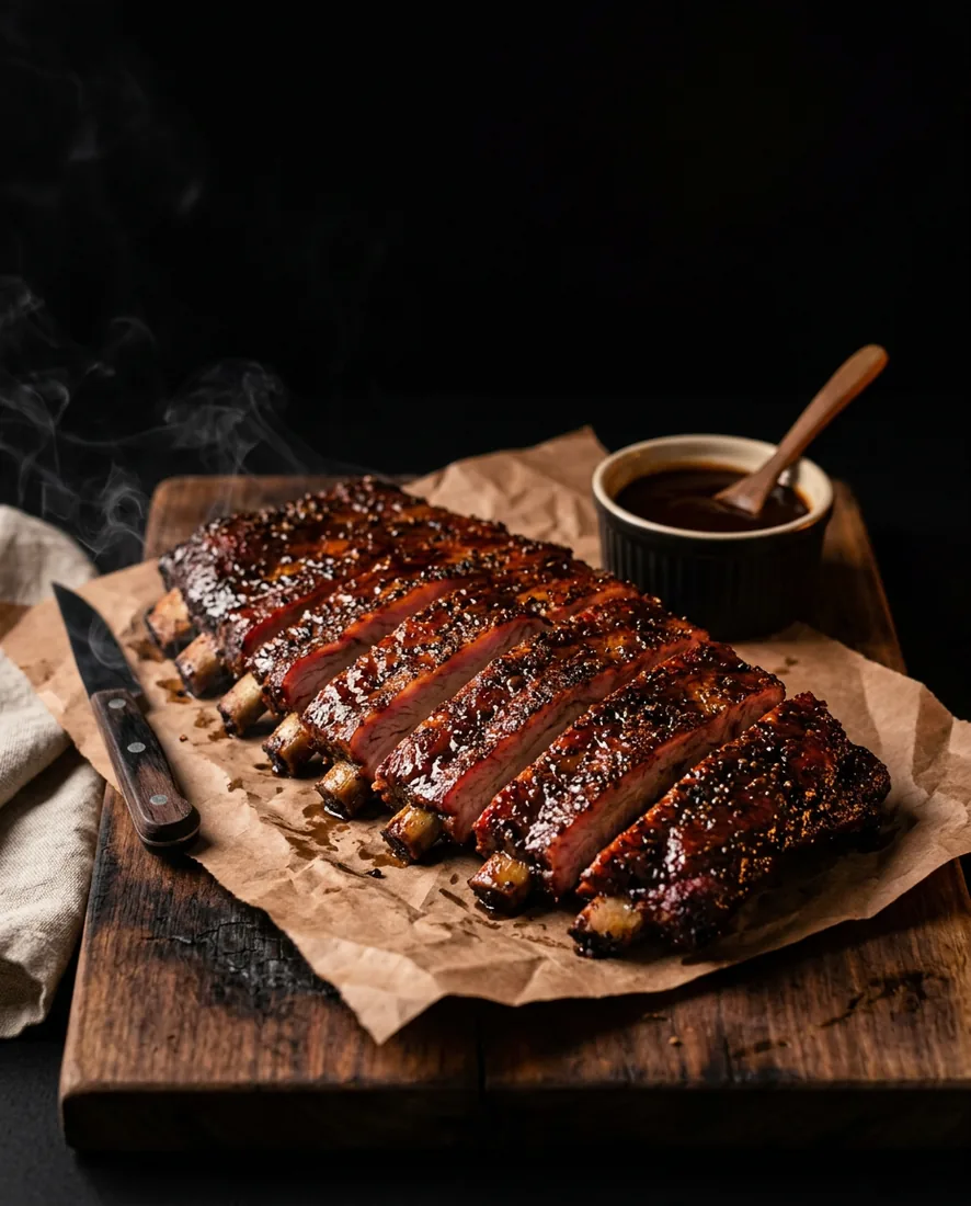 Lacquered St. Louis ribs on butcher paper
