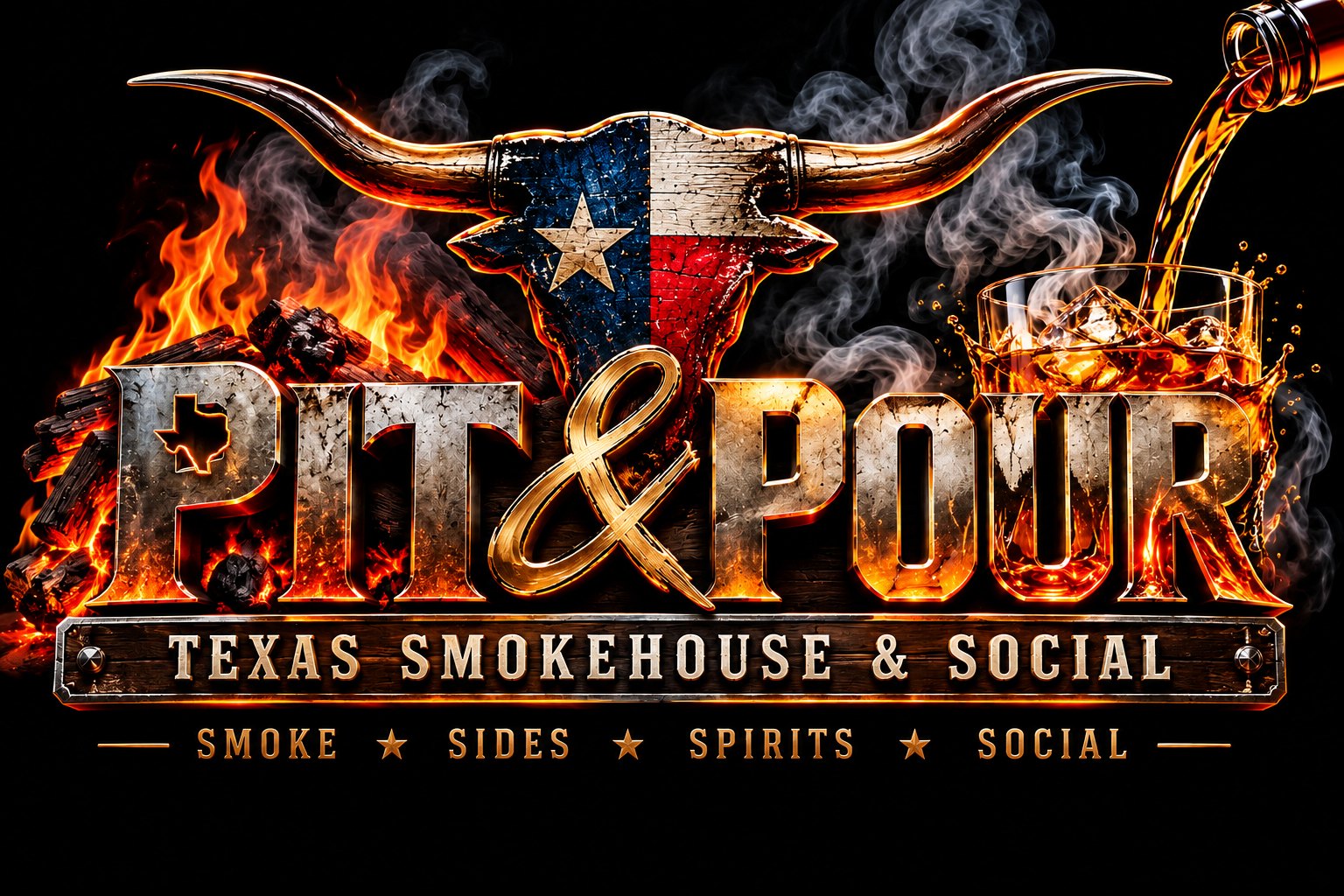 Pit & Pour, Texas Smokehouse & Social: the name in brass and fire beneath a Texas-flag longhorn, with a bourbon pour. Smoke, sides, spirits, social.